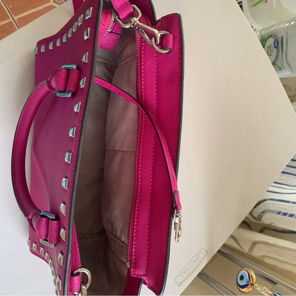 Michael Kors Fuchsia Pink Leather Medium Size Studded Satchel - Picture 8 of 12